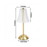 Gold table lamp with clear pleated shade, 12-inch tall, 5-inch wide top
