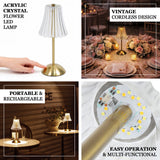 Gold acrylic crystal flower LED lamp with cordless rechargeable design and touch-button operation