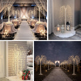 Decorative willow tree lights in various holiday settings.