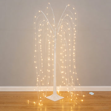 LED Weeping Willow Tree Light, 4ft Battery Operated White Decorative Tree with 180 Warm White LEDs