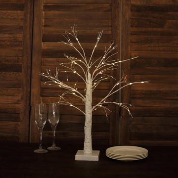 2ft White Artificial Rechargeable LED Birch Tree Lamp, Battery Operated Warm White Lighted Tree Centerpiece