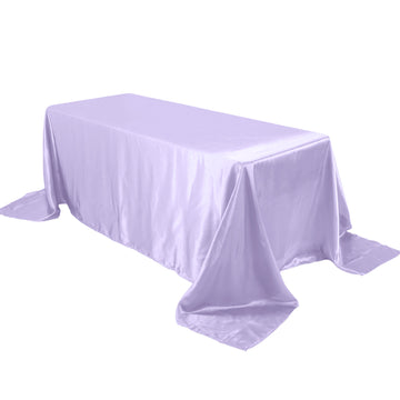 90"x132" Lavender Lilac Satin Seamless Rectangular Tablecloth for 6 Foot Table With Floor-Length Drop