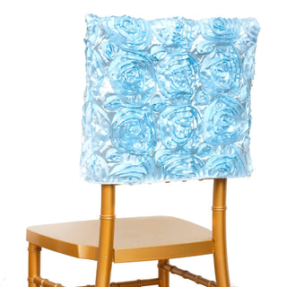 Create a Magical Atmosphere with Light Blue Satin Rosette Chiavari Chair Caps