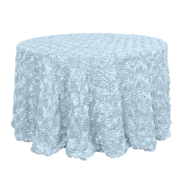 120" Light Blue Seamless Grandiose 3D Rosette Satin Round Tablecloth for 5 Foot Table With Floor-Length Drop