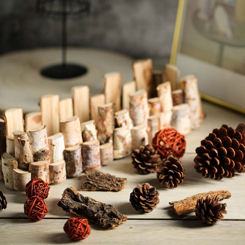 Pinecones and birch logs arranged on a table