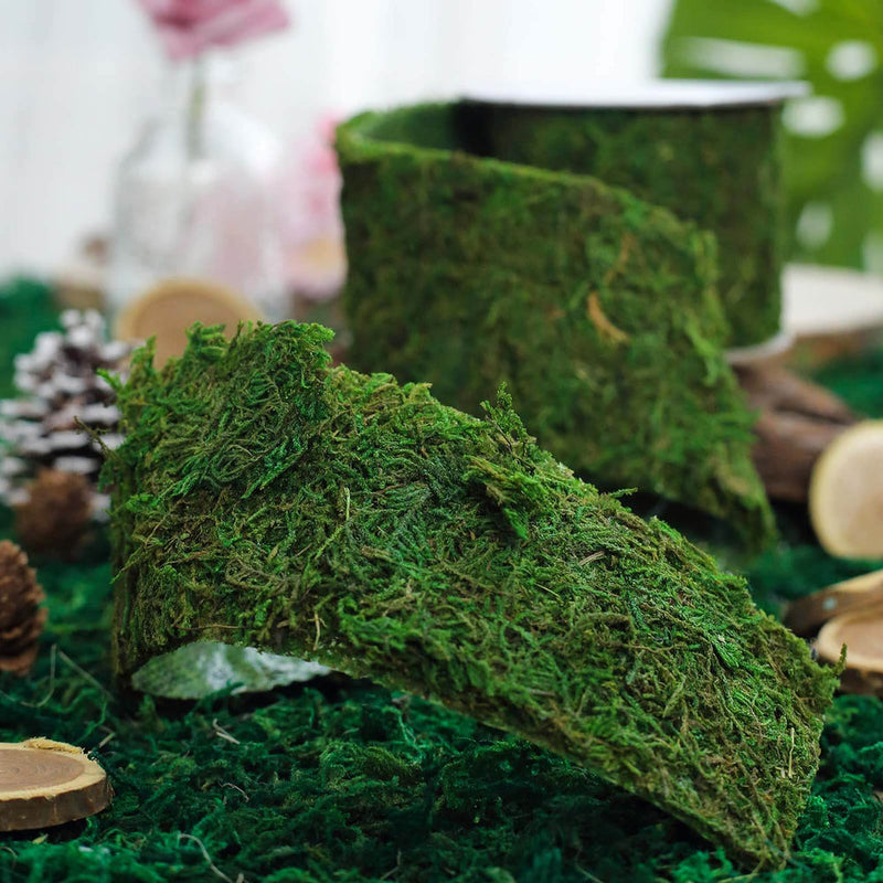 Curved moss centerpiece on a green table setting