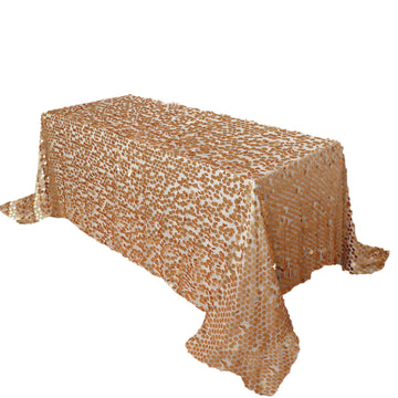90"x132" Matte Champagne Seamless Big Payette Sequin Rectangular Tablecloth Premium Collection for 6 Foot Table With Floor-Length Drop