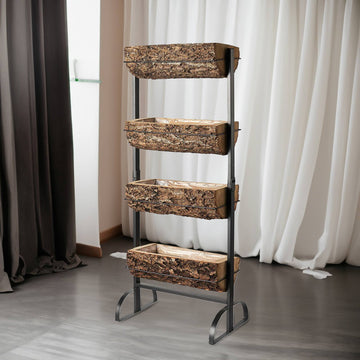 42" 4-Tier Metal Ladder Plant Stand With Natural Wooden Log Planters