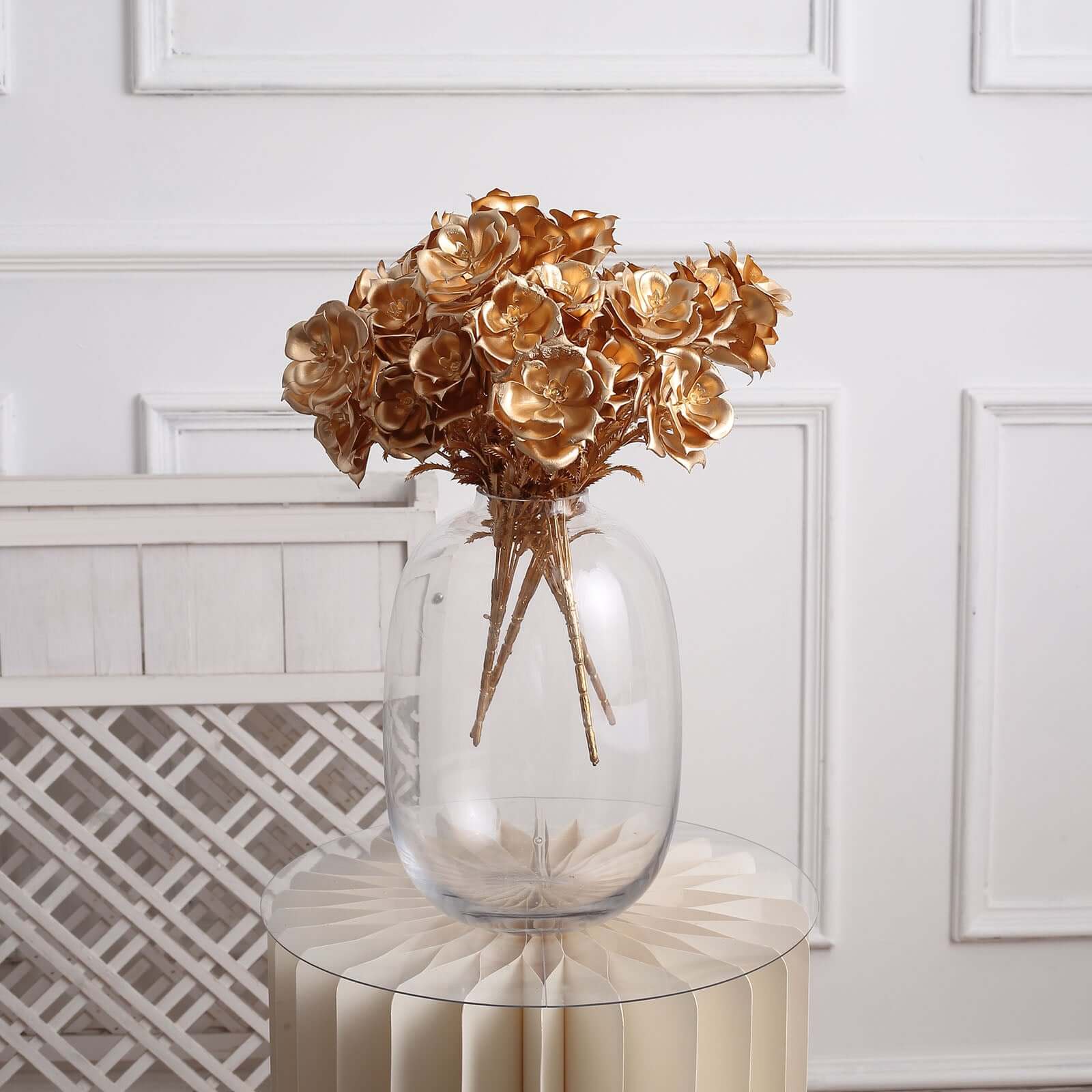 TABLECLOTHSFACTORY 2 Pack | 17 Metallic Gold Artificial Rose Bloomed  Flower Bouquet, Open Flower Floral Arrangement Holiday Decor