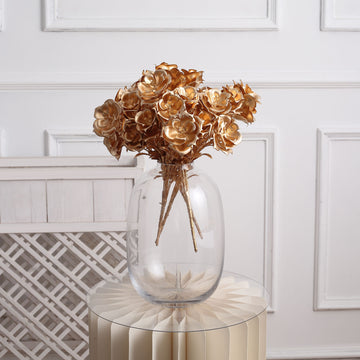 2 Pack 17" Metallic Gold Faux Rose Bloomed Flower Bouquet, Open Flower Artificial Floral Arrangement Holiday Decor