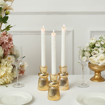 3 Pack 5" Metallic Gold Fluted Ball Neck Ceramic Taper Candlestick Stands, Ribbed Candle Holders