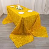 90x156inch Metallic Gold Premium Tinsel Shag Rectangular Tablecloth, Shimmery Metallic Fringe