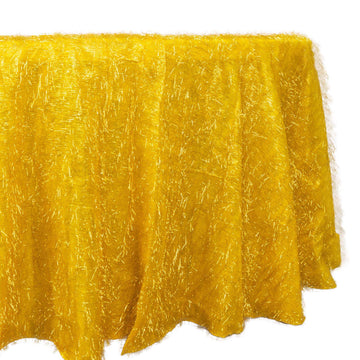 120" Metallic Gold Premium Tinsel Shag Round Tablecloth, Shimmery Metallic Fringe Polyester Tablecloth