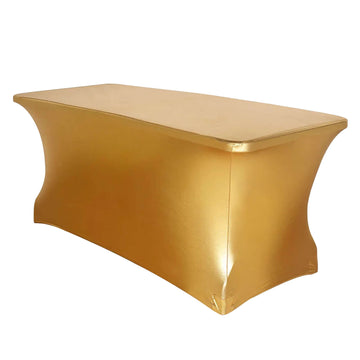 Metallic Gold Stretch Spandex Rectangle Tablecloth 6ft Wrinkle Free Fitted Table Cover for 72"x30" Tables