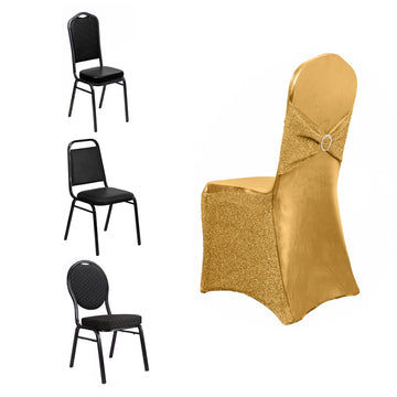 Metallic Gold Shimmer Tinsel Spandex Banquet Chair Cover With Attached Sash Band and Round Silver Rhinestone Buckle