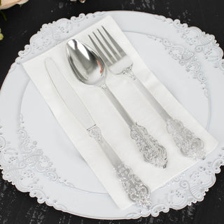 Add Elegance to Your Table with Metallic Silver Baroque Style Heavy Duty Plastic Silverware Set