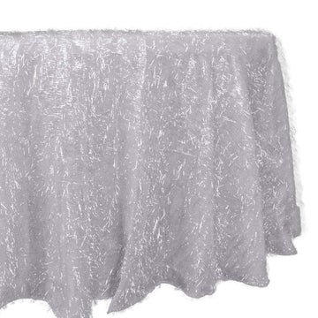 120" Metallic Silver Premium Tinsel Shag Round Tablecloth, Shimmery Metallic Fringe Polyester Tablecloth for 5 Foot Table With Floor-Length Drop