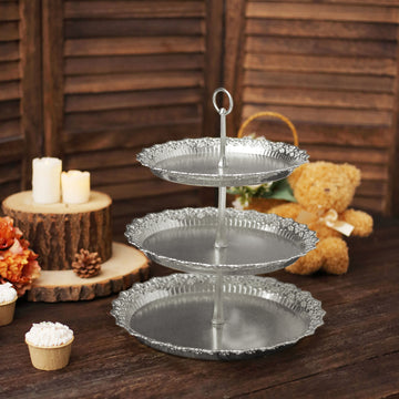 15" Metallic Silver 3-Tier Round Plastic Cupcake Stand With Lace Cut Scalloped Edges, Decorative Dessert Serving Tray Tower