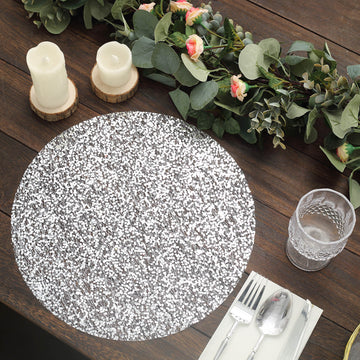 10 Pack | 13" Metallic Silver Sequin Mesh Table Placemats, Round Sparkly Dust Free Sequin Dining Mats