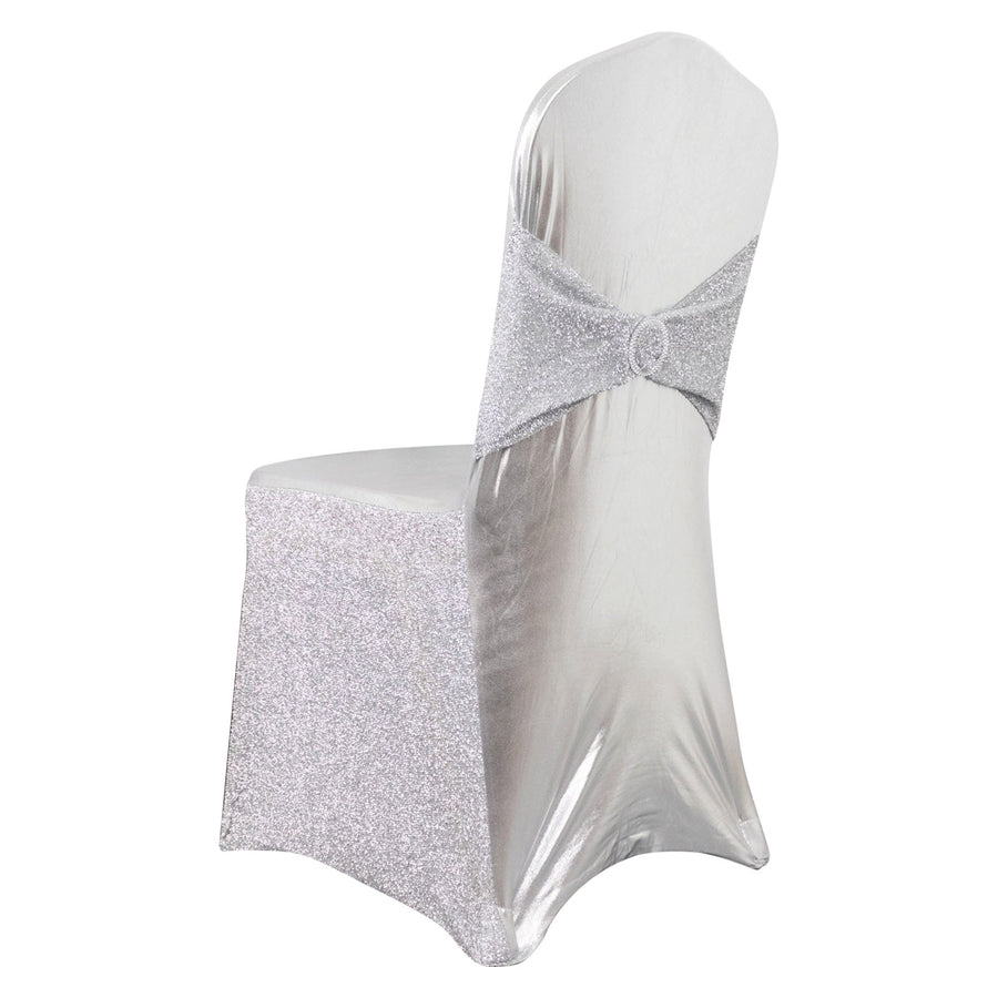 Metallic Silver Shimmer Tinsel Spandex Banquet Chair Cover With Attached Sash Band