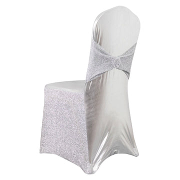 Metallic Silver Shimmer Tinsel Spandex Banquet Chair Cover With Attached Sash Band and Round Silver Rhinestone Buckle