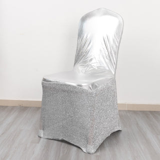 Elevate Your Event with the Metallic Silver Shimmer Tinsel Spandex Banquet Chair Cover