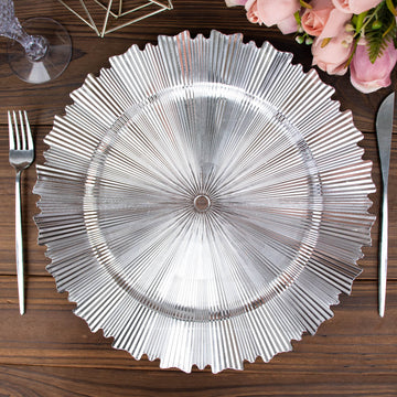 6 Pack 13" Metallic Silver Sunray Acrylic Plastic Charger Plates, Round Scalloped Rim Disposable Serving Trays