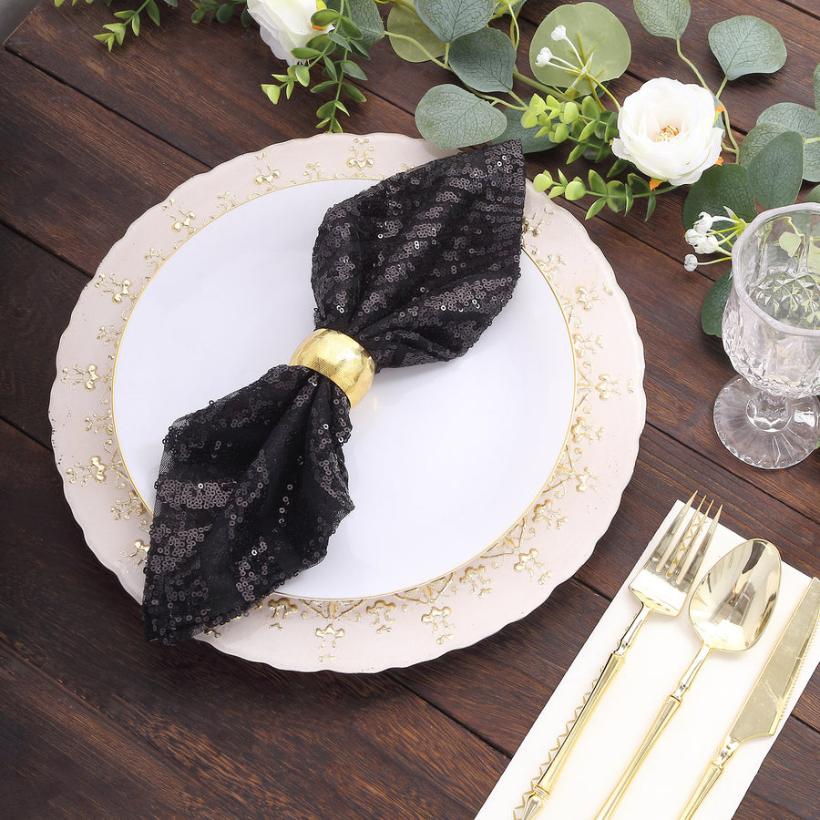 Black Geometric Diamond Glitz Sequin Cloth Napkins, Decorative Reusable Dinner Napkins