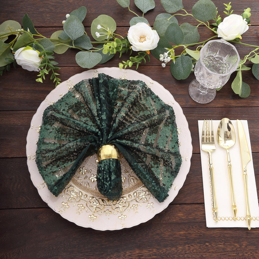 Hunter Emerald Green Geometric Diamond Glitz Sequin Cloth Napkins, Decorative Reusable