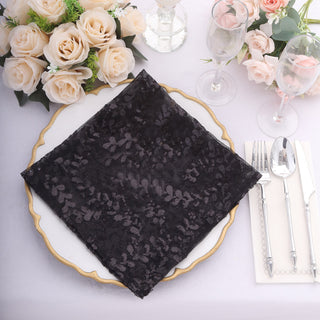 Sparkly Black Leaf Vine Embroidered Sequin Tulle Cloth Dinner Napkins