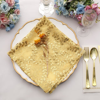 Experience Luxury and Glamour with Sparkly Gold Leaf Vine Embroidered Sequin Tulle Cloth Dinner Napkins