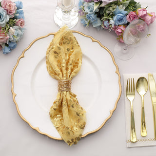 Add a Touch of Elegance to Your Table with Sparkly Gold Leaf Vine Embroidered Sequin Tulle Cloth Dinner Napkins