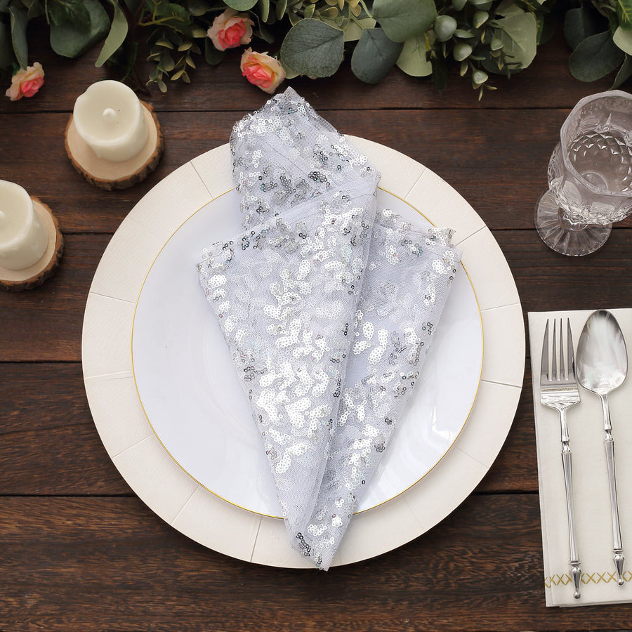 Sparkly Silver Leaf Vine Embroidered Sequin Tulle Cloth Dinner Napkins