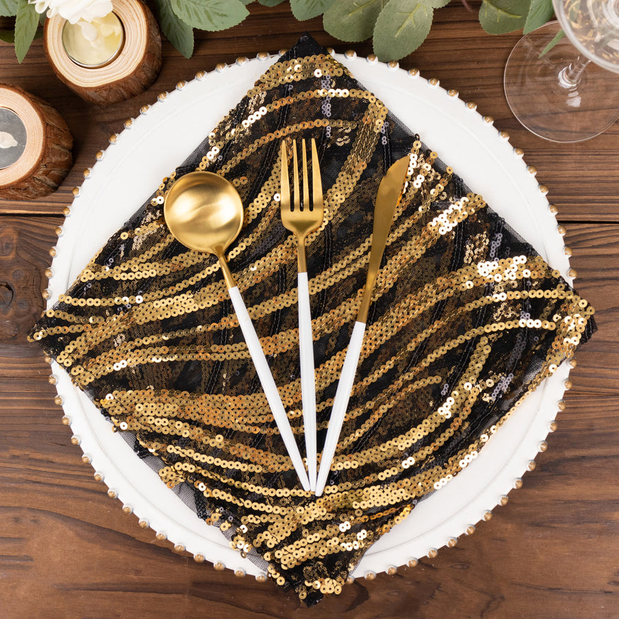 Black Gold Wave Embroidered Sequin Mesh Dinner Napkin, Reusable Decorative Napkin