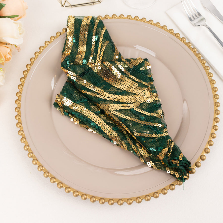 Hunter Emerald Green Gold Wave Embroidered Sequin Mesh Dinner Napkin, Reusable Decorative Napkin