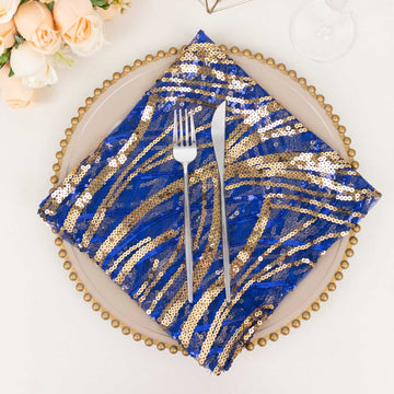 Royal Blue Gold Wave Embroidered Sequin Mesh Dinner Napkin, Reusable Decorative Napkin - 20"x20"