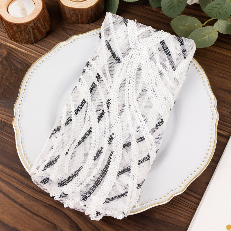 White Black Wave Embroidered Sequin Mesh Dinner Napkin, Reusable Decorative Napkin