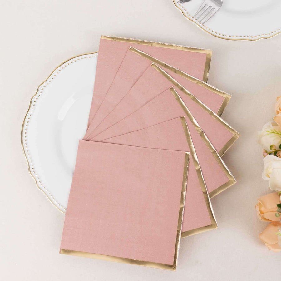 50 Pack Soft Dusty Rose 2 Ply Disposable Cocktail Napkins with Gold Foil Edge, Disposable Paper