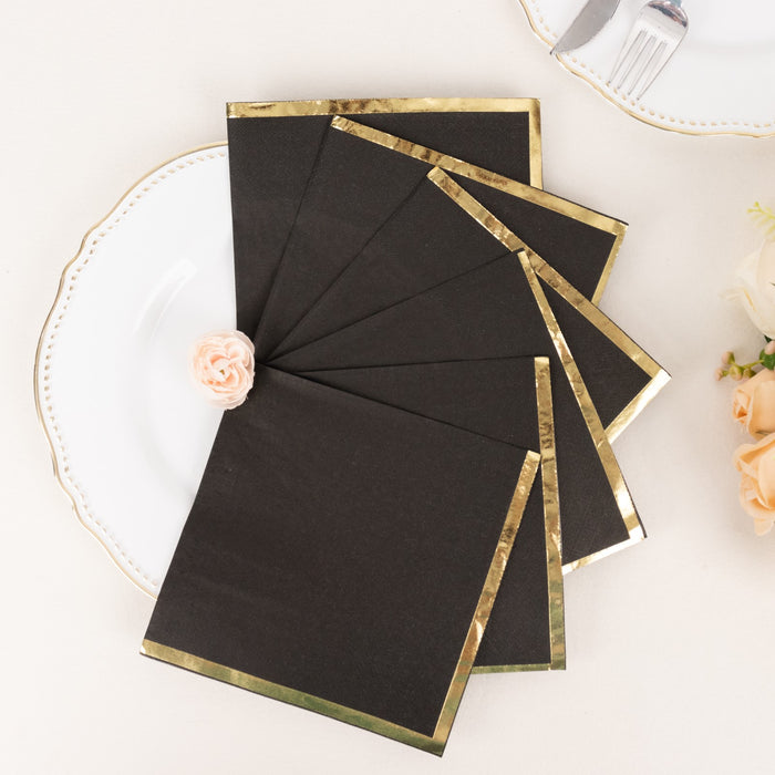 50 Pack 2 Ply Soft Black With Gold Foil Edge Dinner Paper Napkins, Wedding Cocktail