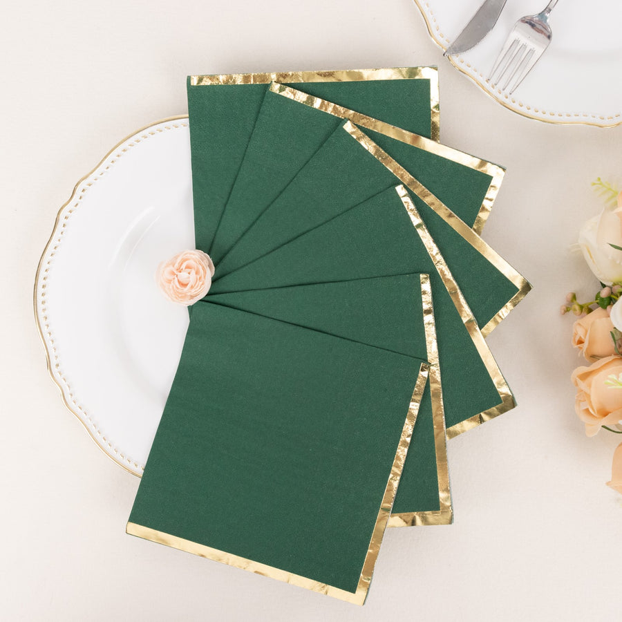50 Pack 2 Ply Soft Hunter Emerald Green With Gold Foil Edge Dinner Paper Napkins