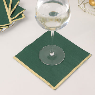 50 Pack Hunter Emerald Green Soft 2 Ply Disposable Cocktail Napkins with Gold Foil Edge, Paper Beverage Napkins - 6.5"x6.5"