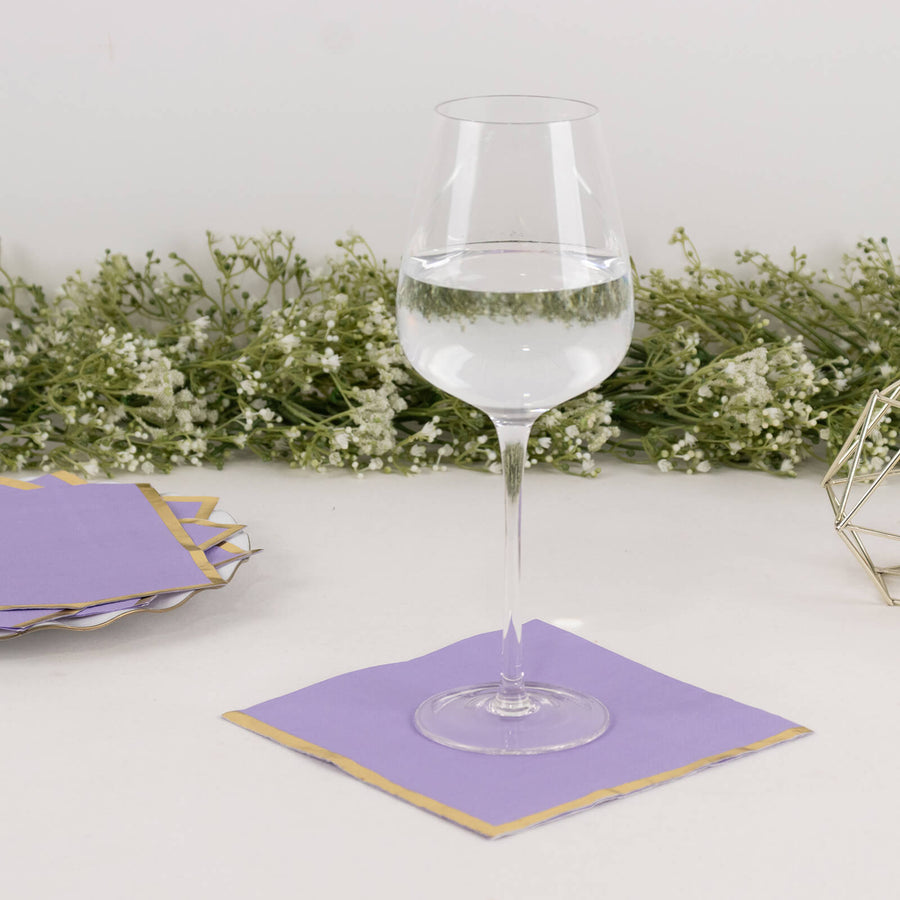 50 Pack Lavender Lilac Soft 2 Ply Disposable Cocktail Napkins with Gold Foil Edge, Paper Beverage