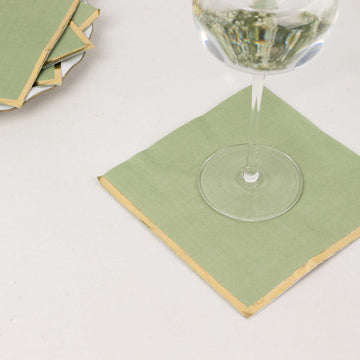 50 Pack Sage Green Soft 2 Ply Disposable Cocktail Napkins with Gold Foil Edge, Paper Beverage Napkins - 6.5"x6.5"