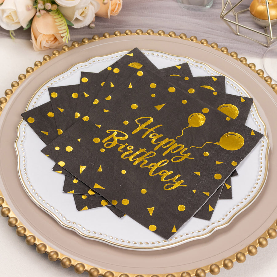 20 Pack Black Gold Happy Birthday Paper Cocktail Napkins With Foil Print, Soft 2-Ply Disposable