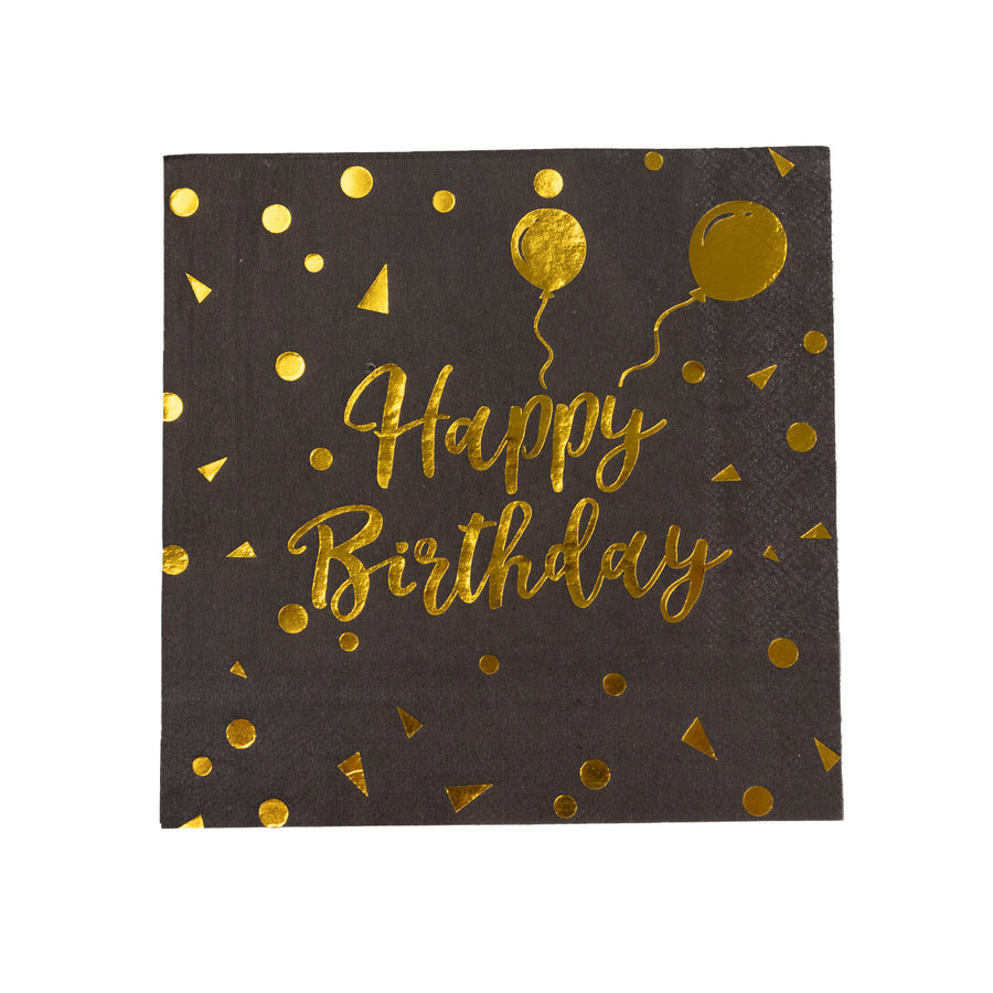 20 Pack Black Gold Happy Birthday Paper Cocktail Napkins With Foil Print, Soft 2-Ply#whtbkgd