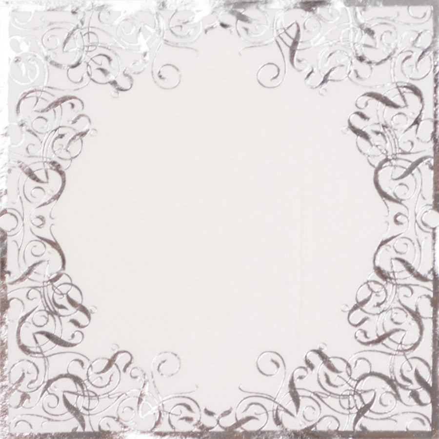 20 Pack White 3 Ply Premium Paper Cocktail Napkins with Silver Foil Lace Soft European Style#whtbkgd