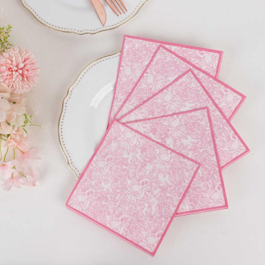 25 Pack Pink Disposable Beverage Napkins with Vintage Floral Print