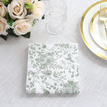20 Pack White Sage Green Floral Print Disposable Cocktail Napkins, Soft 2-Ply Highly Absorbent Beverage Paper Napkins