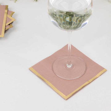 50 Pack Dusty Rose Disposable Cocktail Napkins with Gold Foil Edge, Soft 2 Ply Paper Beverage Napkins - 5"x5"