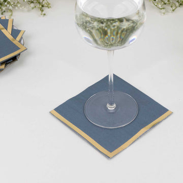50 Pack Dusty Blue Disposable Cocktail Napkins with Gold Foil Edge, Soft 2 Ply Paper Beverage Napkins - 5"x5"